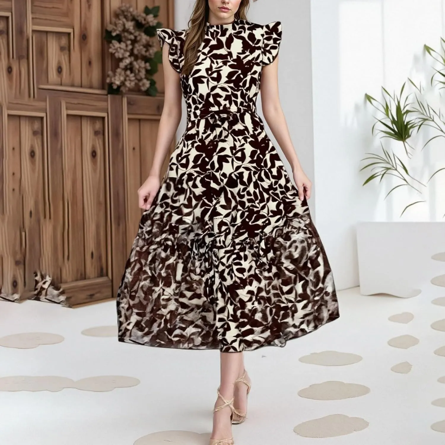 Floral Maxi Dress Summer Ruffle Cap Sleeve High Neck Wedding Guest A Line Dress Elegant Length Dresses with Tie Waist