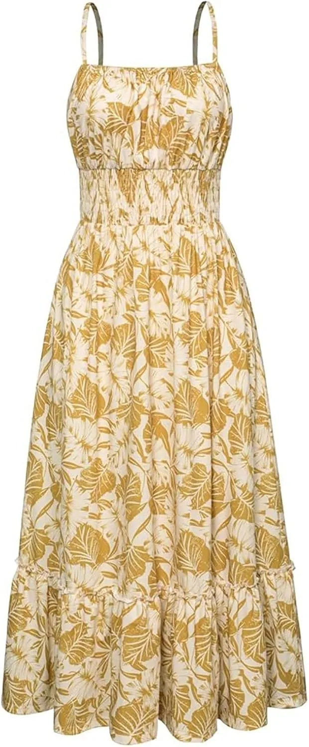 Floral Maxi Dresses for Women 2025 Summer Sleeveless Spaghetti Strap Smocked Boho Long Dress Beach Vacation Sundresses