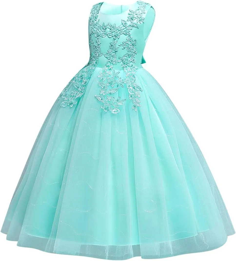 Flower Girls Embroidery Lace Bridesmaid Dress Beaded Wedding Pageant Party Princess Communion Floor Length Boho Dance Gown