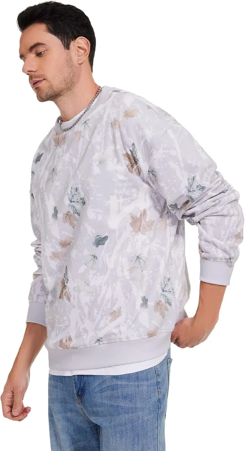 Flygo Mens Camo Sweatshirt Maple Leaf Print Crewneck Sweatshirts Oversized Casual Long Sleeve Fashion Pullover Top