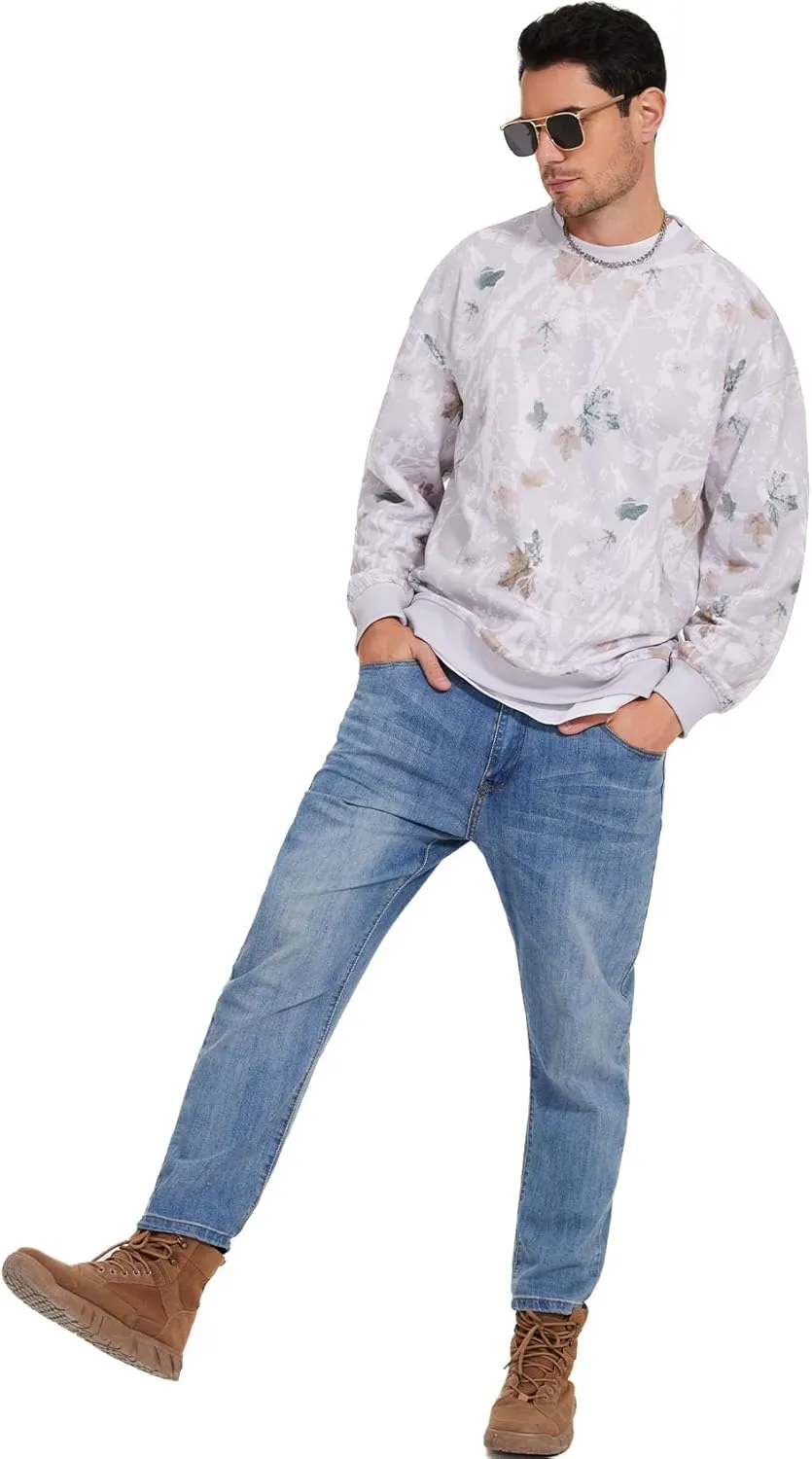 Flygo Mens Camo Sweatshirt Maple Leaf Print Crewneck Sweatshirts Oversized Casual Long Sleeve Fashion Pullover Top