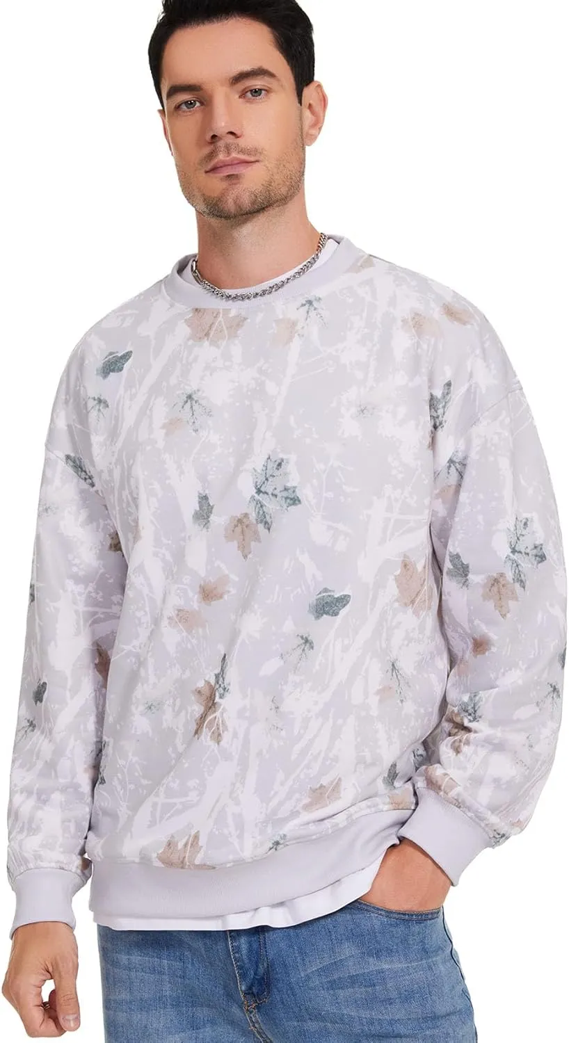 Flygo Mens Camo Sweatshirt Maple Leaf Print Crewneck Sweatshirts Oversized Casual Long Sleeve Fashion Pullover Top