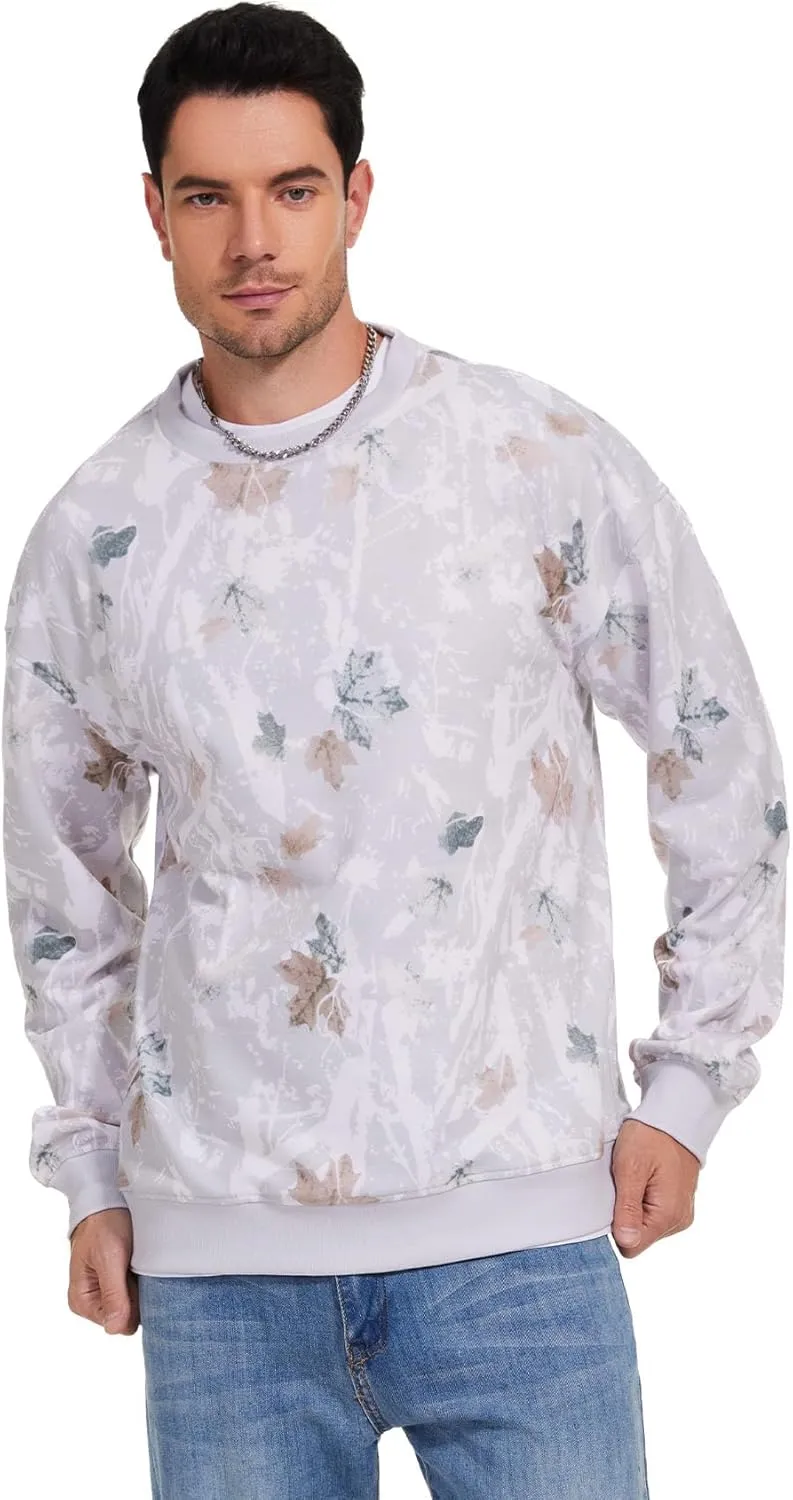 Flygo Mens Camo Sweatshirt Maple Leaf Print Crewneck Sweatshirts Oversized Casual Long Sleeve Fashion Pullover Top