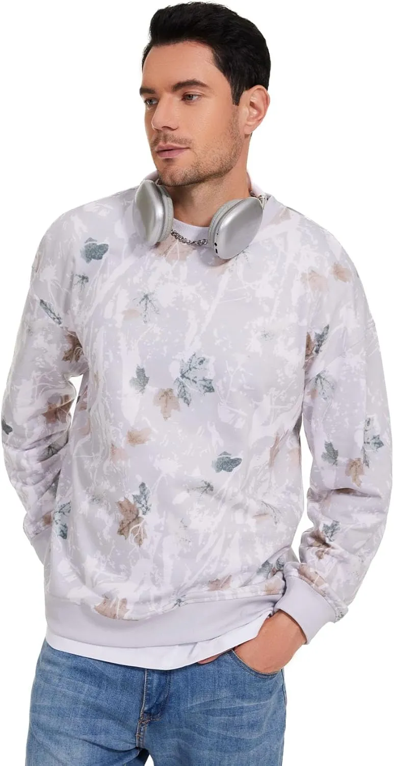 Flygo Mens Camo Sweatshirt Maple Leaf Print Crewneck Sweatshirts Oversized Casual Long Sleeve Fashion Pullover Top