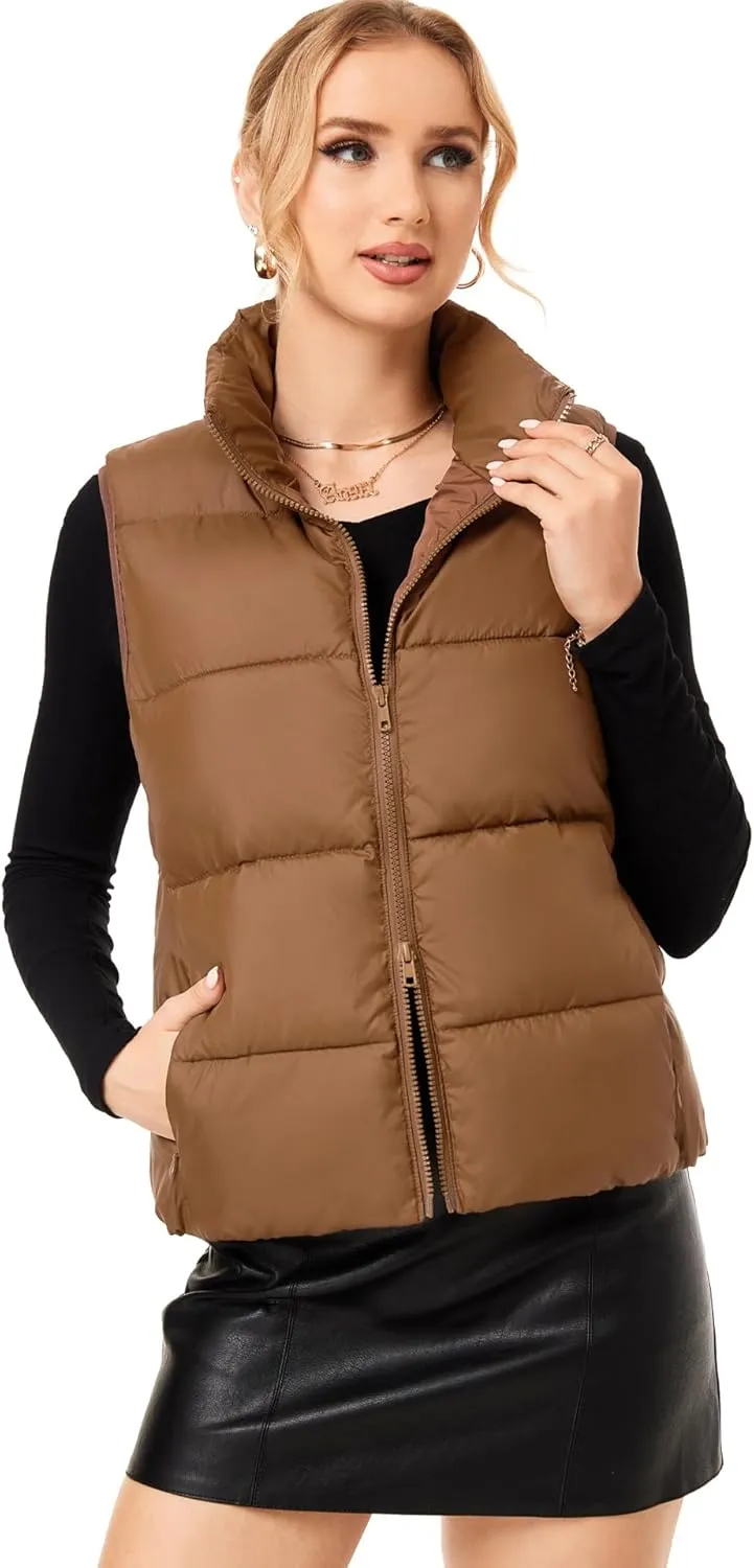 Fuinloth Women's Lightweight Puffer Vest, Water Repellent, 4 Pockets, Double Slider Zipper, Elastic Hem for Fall & Winter