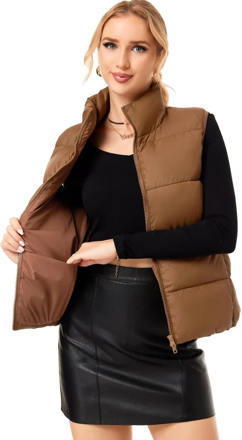 Fuinloth Women's Lightweight Puffer Vest, Water Repellent, 4 Pockets, Double Slider Zipper, Elastic Hem for Fall & Winter