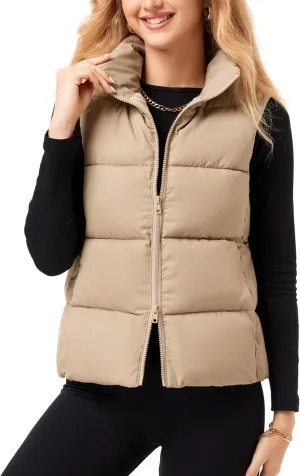 Fuinloth Women's Lightweight Puffer Vest, Water Repellent, 4 Pockets, Double Slider Zipper, Elastic Hem for Fall & Winter