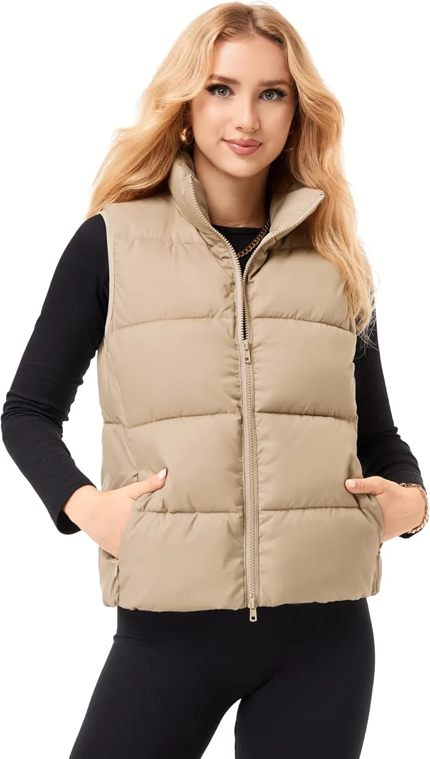 Fuinloth Women's Lightweight Puffer Vest, Water Repellent, 4 Pockets, Double Slider Zipper, Elastic Hem for Fall & Winter