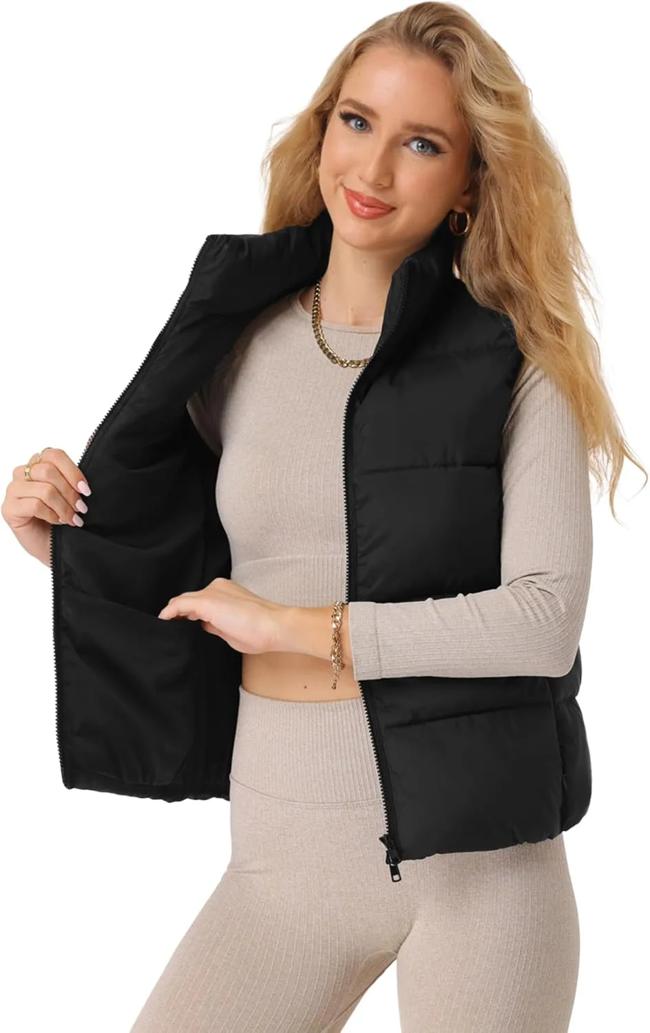 Fuinloth Women's Lightweight Puffer Vest, Water Repellent, 4 Pockets, Double Slider Zipper, Elastic Hem for Fall & Winter