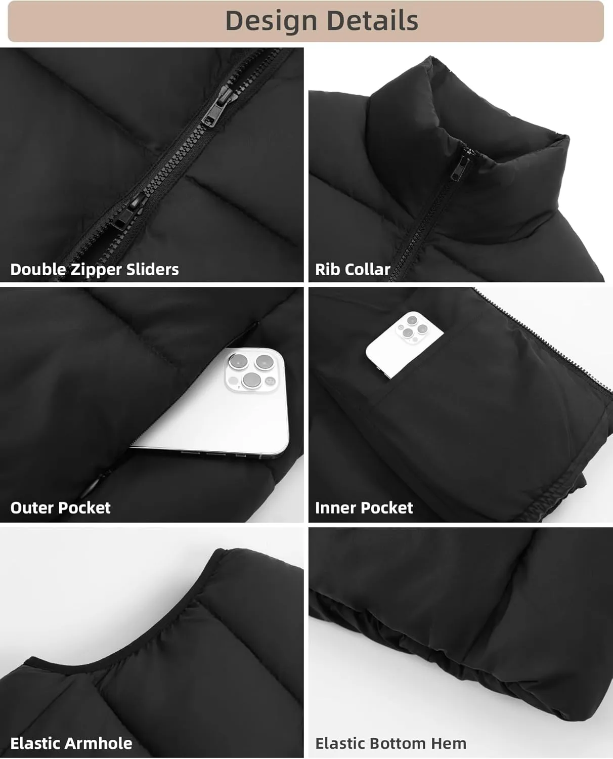 Fuinloth Women's Lightweight Puffer Vest, Water Repellent, 4 Pockets, Double Slider Zipper, Elastic Hem for Fall & Winter