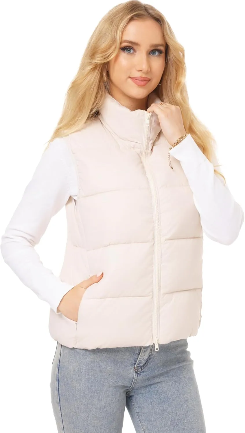 Fuinloth Women's Lightweight Puffer Vest, Water Repellent, 4 Pockets, Double Slider Zipper, Elastic Hem for Fall & Winter