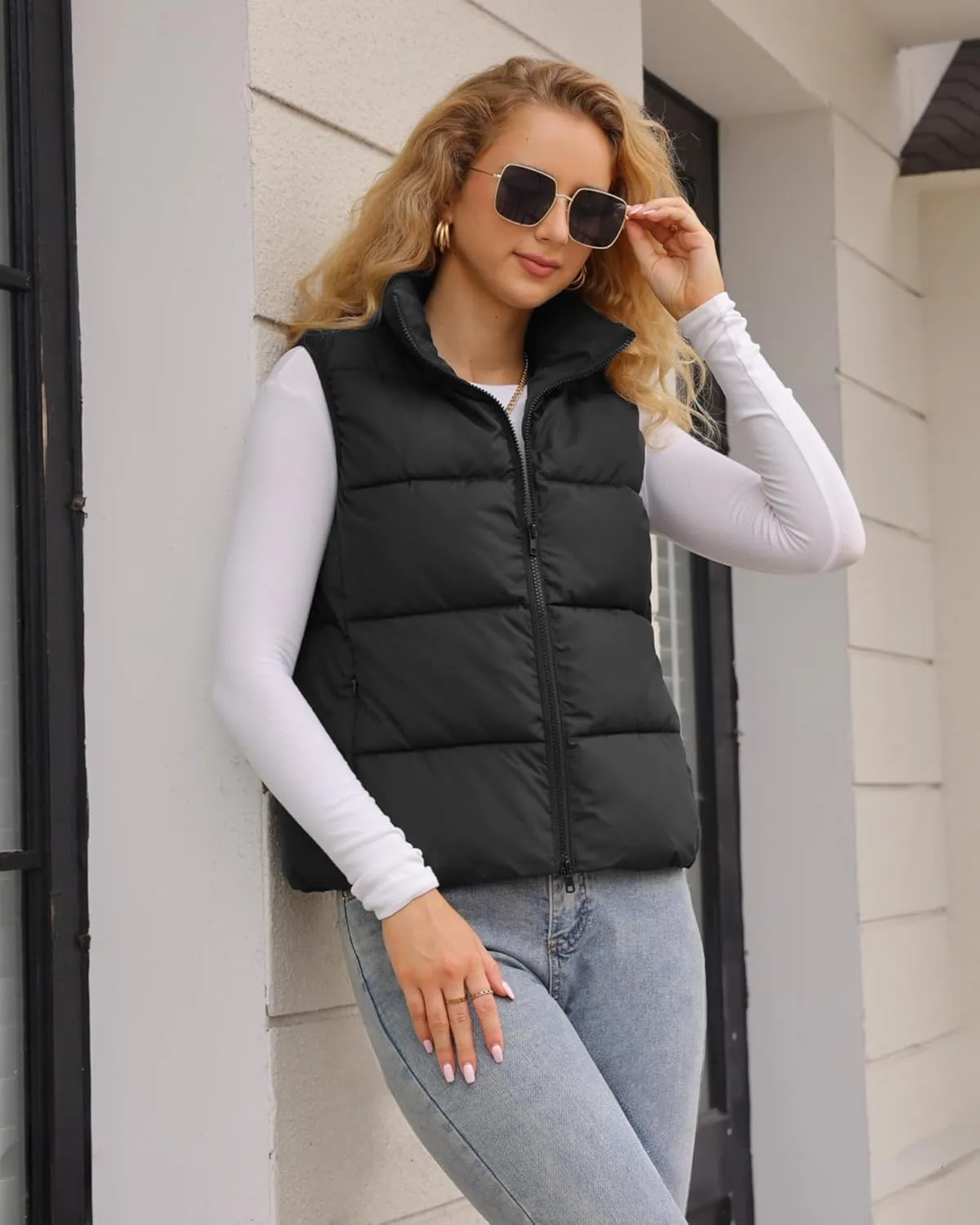 Fuinloth Women's Lightweight Puffer Vest, Water Repellent, 4 Pockets, Double Slider Zipper, Elastic Hem for Fall & Winter