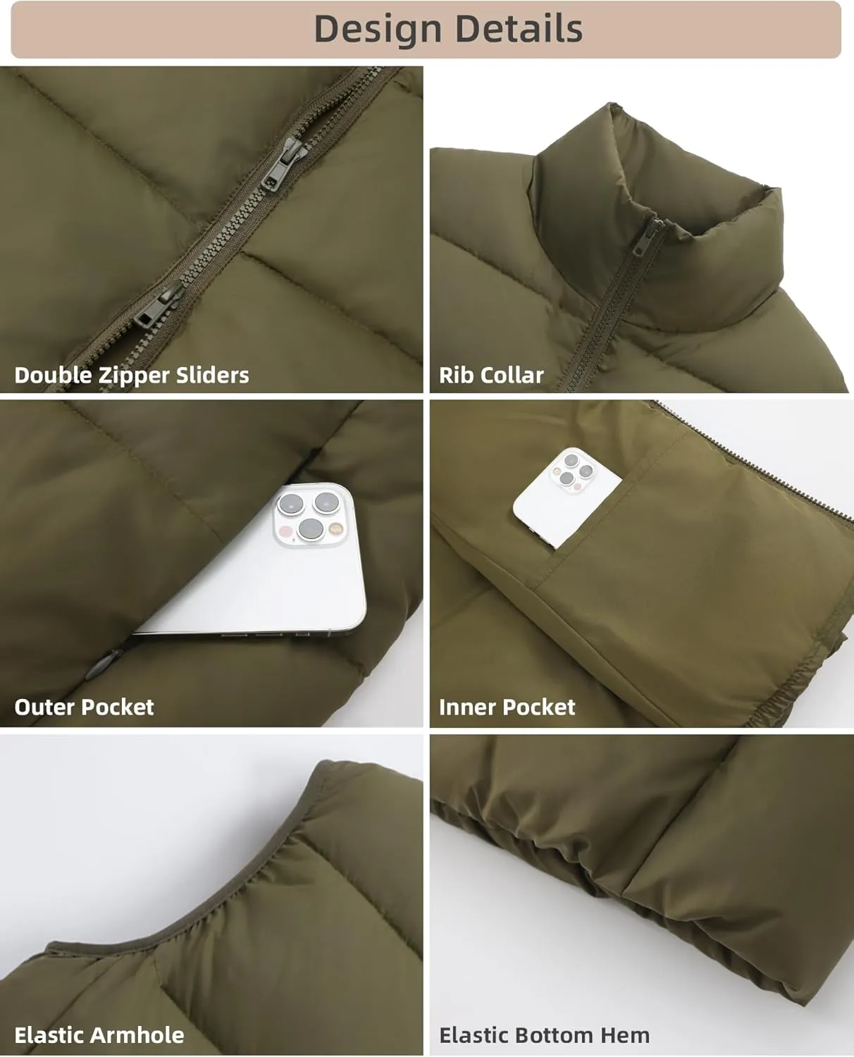Fuinloth Women's Lightweight Puffer Vest, Water Repellent, 4 Pockets, Double Slider Zipper, Elastic Hem for Fall & Winter