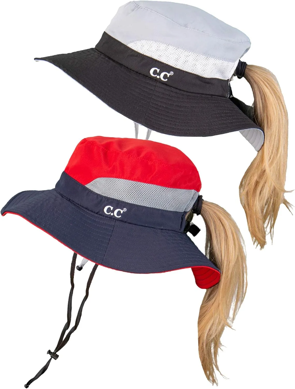 Funky Junque Ponytail Bucket Hat UPF 50  Messy Bun Sun Hat Wide Brim Mesh Cap