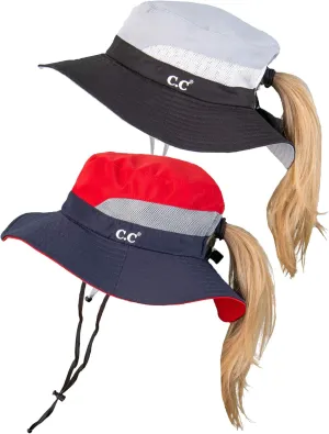Funky Junque Ponytail Bucket Hat UPF 50  Messy Bun Sun Hat Wide Brim Mesh Cap