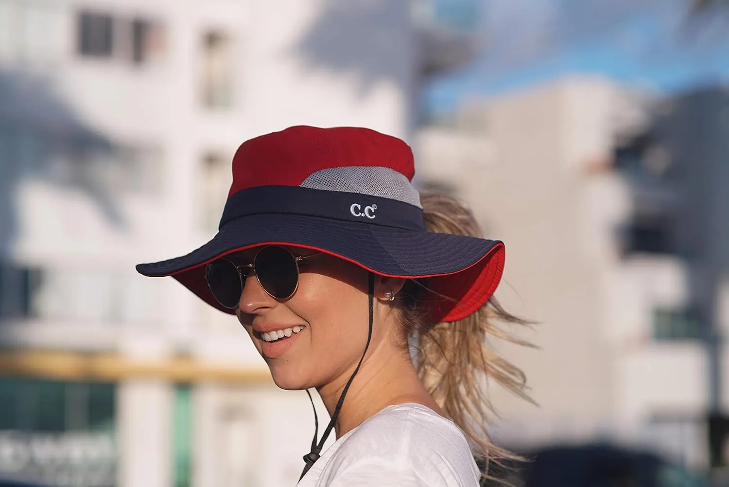 Funky Junque Ponytail Bucket Hat UPF 50  Messy Bun Sun Hat Wide Brim Mesh Cap