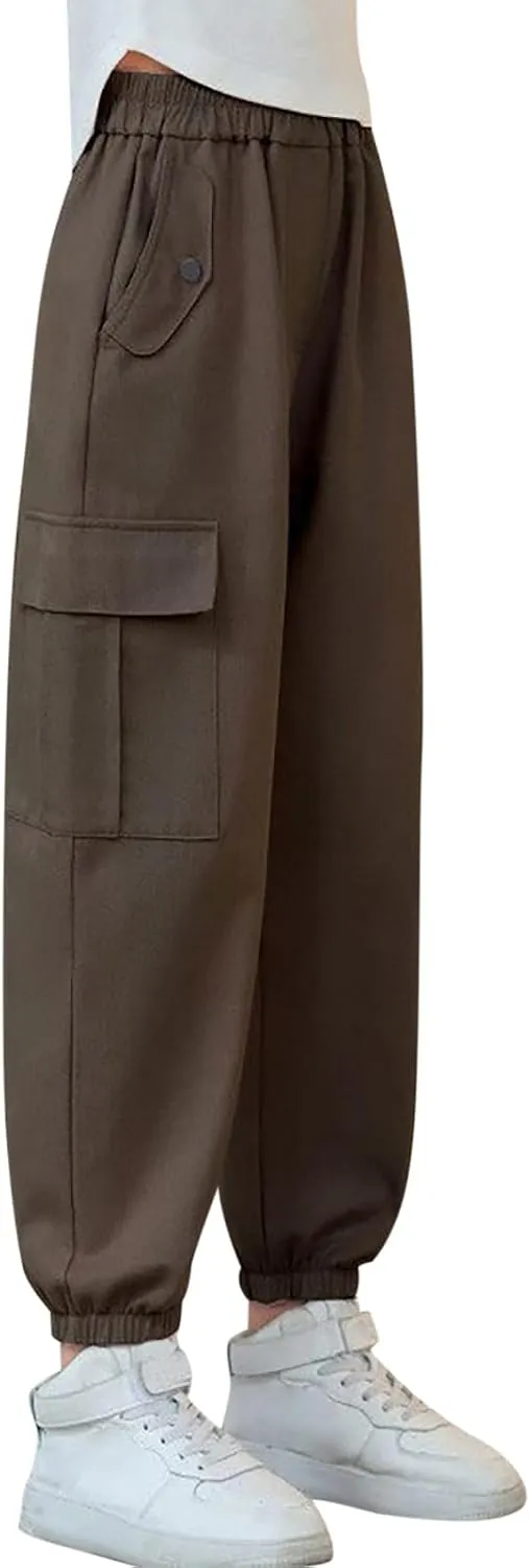 FZVYD Girls Casual Cargo Pants for Kids Drawstring Elastic Waist Jogger 2025 Summer Boys Parachute Pant Trousers 6-14 Years