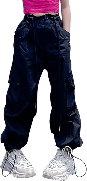 FZVYD Girls Casual Cargo Pants for Kids Drawstring Elastic Waist Jogger 2025 Summer Boys Parachute Pant Trousers 6-14 Years