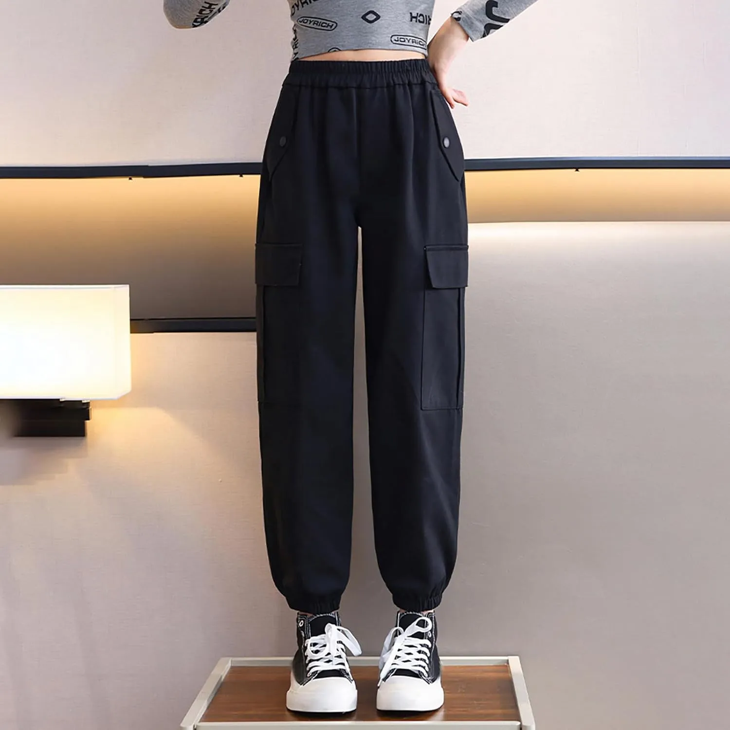 FZVYD Girls Casual Cargo Pants for Kids Drawstring Elastic Waist Jogger 2025 Summer Boys Parachute Pant Trousers 6-14 Years