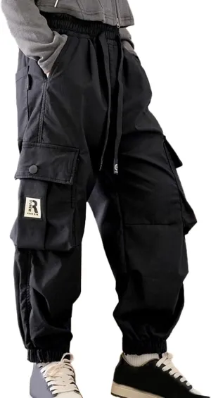 FZVYD Girls Casual Cargo Pants for Kids Drawstring Elastic Waist Jogger 2025 Summer Boys Parachute Pant Trousers 6-14 Years