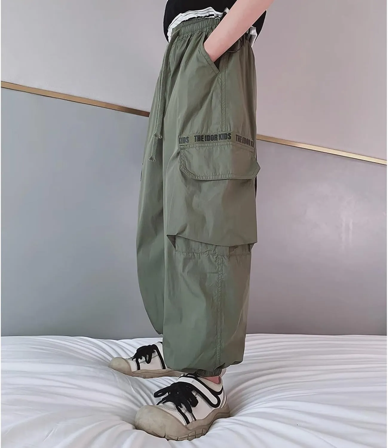 FZVYD Girls Casual Cargo Pants for Kids Drawstring Elastic Waist Jogger 2025 Summer Boys Parachute Pant Trousers 6-14 Years