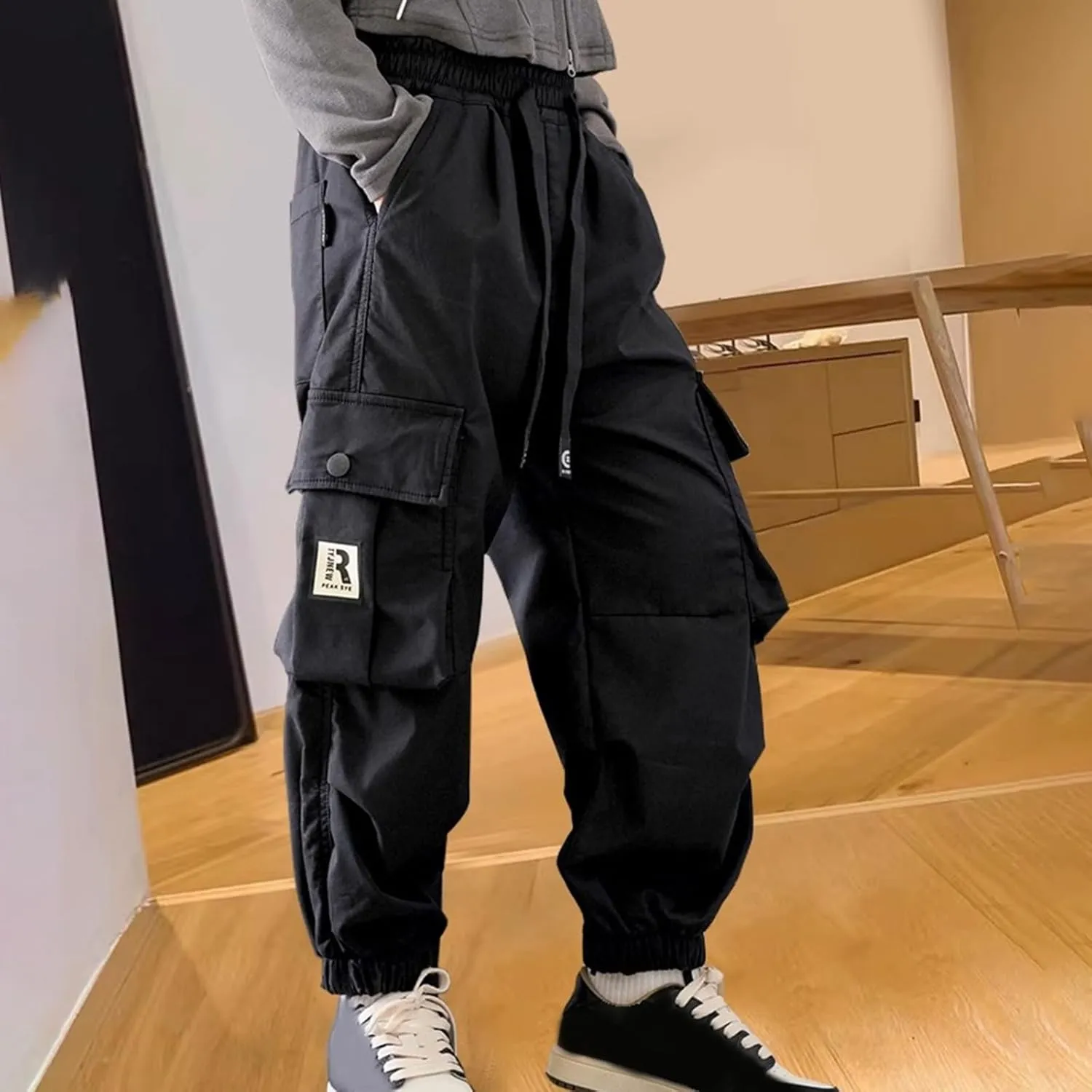 FZVYD Girls Casual Cargo Pants for Kids Drawstring Elastic Waist Jogger 2025 Summer Boys Parachute Pant Trousers 6-14 Years