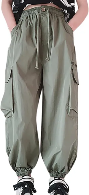 FZVYD Girls Casual Cargo Pants for Kids Drawstring Elastic Waist Jogger 2025 Summer Boys Parachute Pant Trousers 6-14 Years