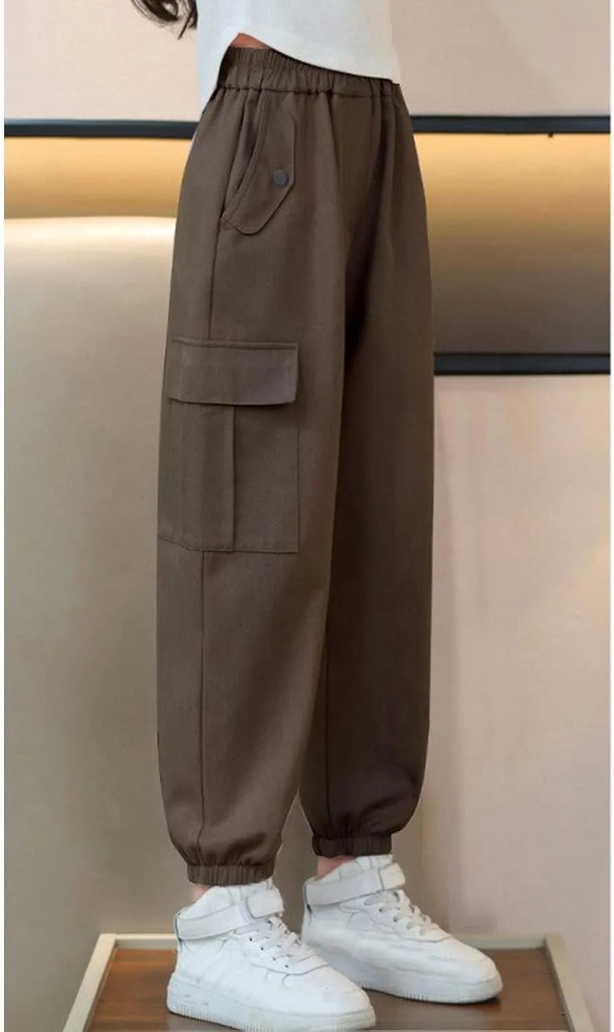 FZVYD Girls Casual Cargo Pants for Kids Drawstring Elastic Waist Jogger 2025 Summer Boys Parachute Pant Trousers 6-14 Years