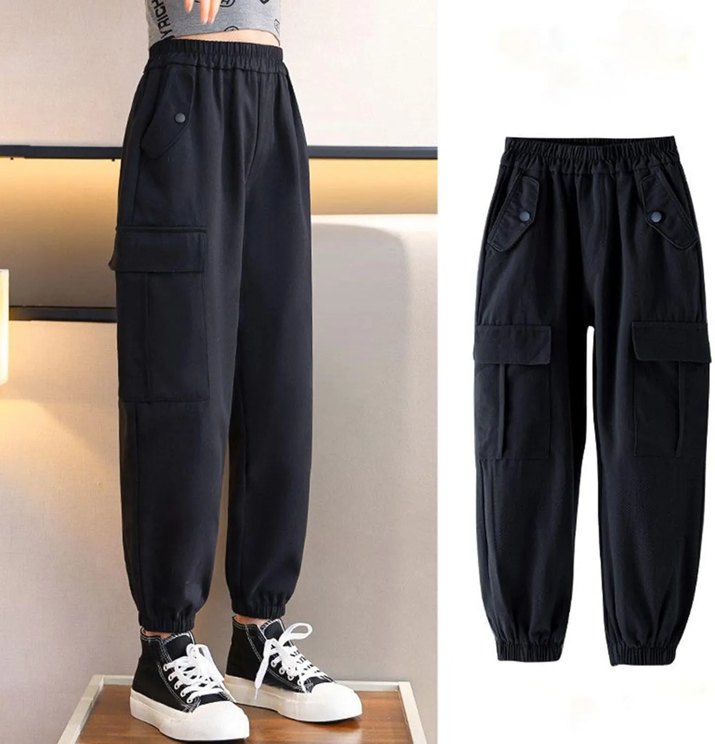 FZVYD Girls Casual Cargo Pants for Kids Drawstring Elastic Waist Jogger 2025 Summer Boys Parachute Pant Trousers 6-14 Years