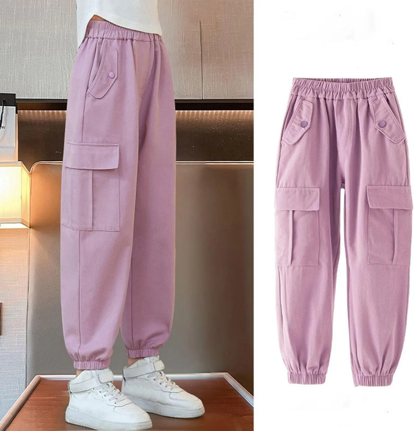 FZVYD Girls Casual Cargo Pants for Kids Drawstring Elastic Waist Jogger 2025 Summer Boys Parachute Pant Trousers 6-14 Years