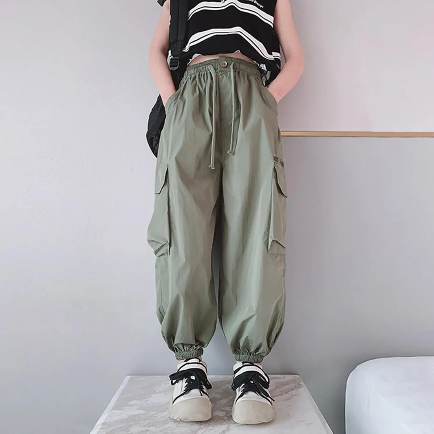 FZVYD Girls Casual Cargo Pants for Kids Drawstring Elastic Waist Jogger 2025 Summer Boys Parachute Pant Trousers 6-14 Years