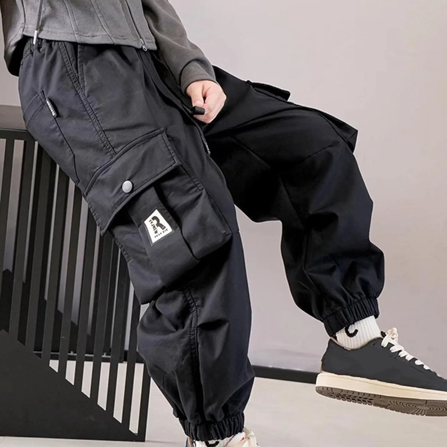 FZVYD Girls Casual Cargo Pants for Kids Drawstring Elastic Waist Jogger 2025 Summer Boys Parachute Pant Trousers 6-14 Years