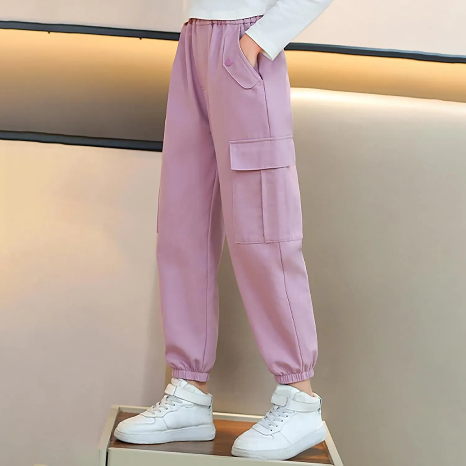 FZVYD Girls Casual Cargo Pants for Kids Drawstring Elastic Waist Jogger 2025 Summer Boys Parachute Pant Trousers 6-14 Years