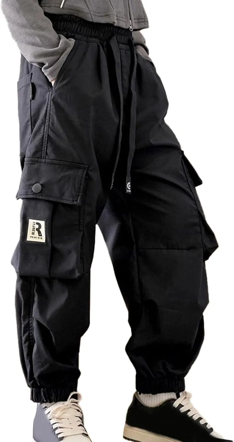 FZVYD Girls Casual Cargo Pants for Kids Drawstring Elastic Waist Jogger 2025 Summer Boys Parachute Pant Trousers 6-14 Years