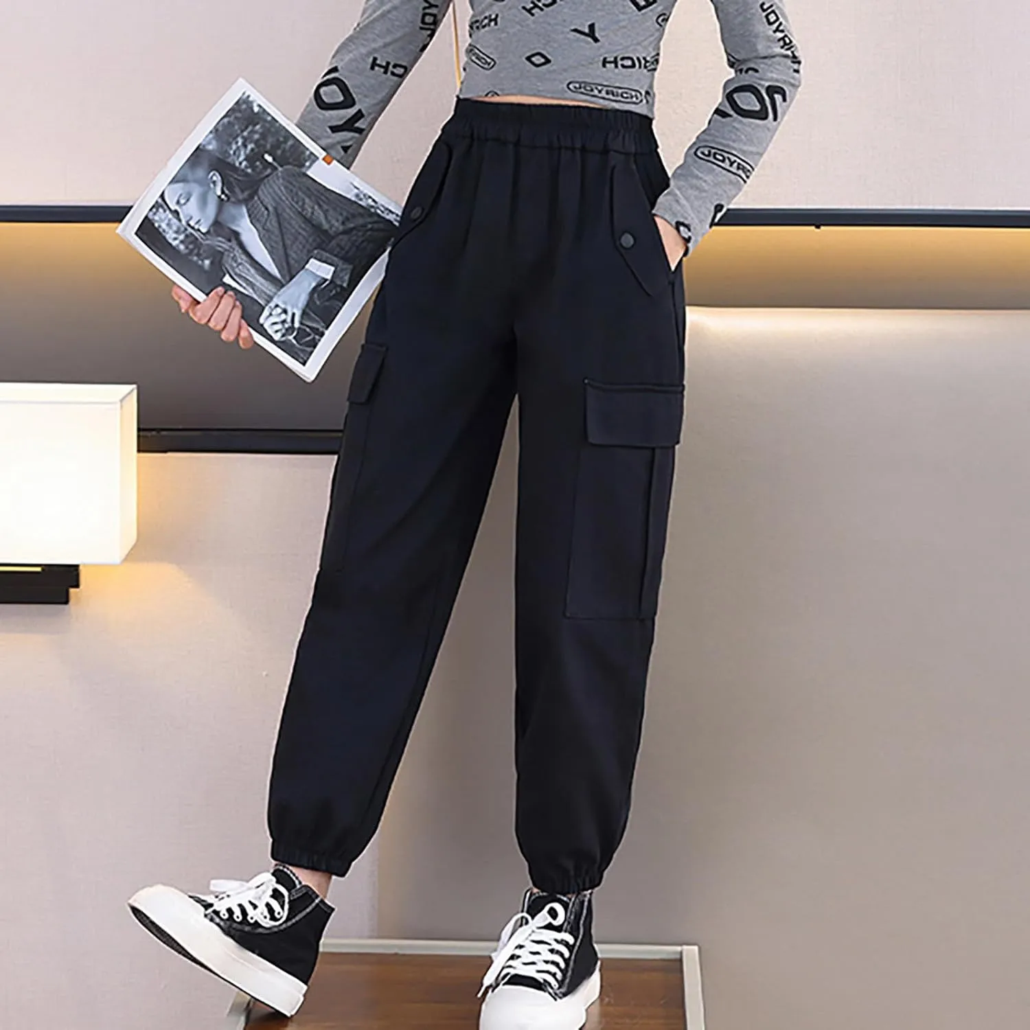 FZVYD Girls Casual Cargo Pants for Kids Drawstring Elastic Waist Jogger 2025 Summer Boys Parachute Pant Trousers 6-14 Years