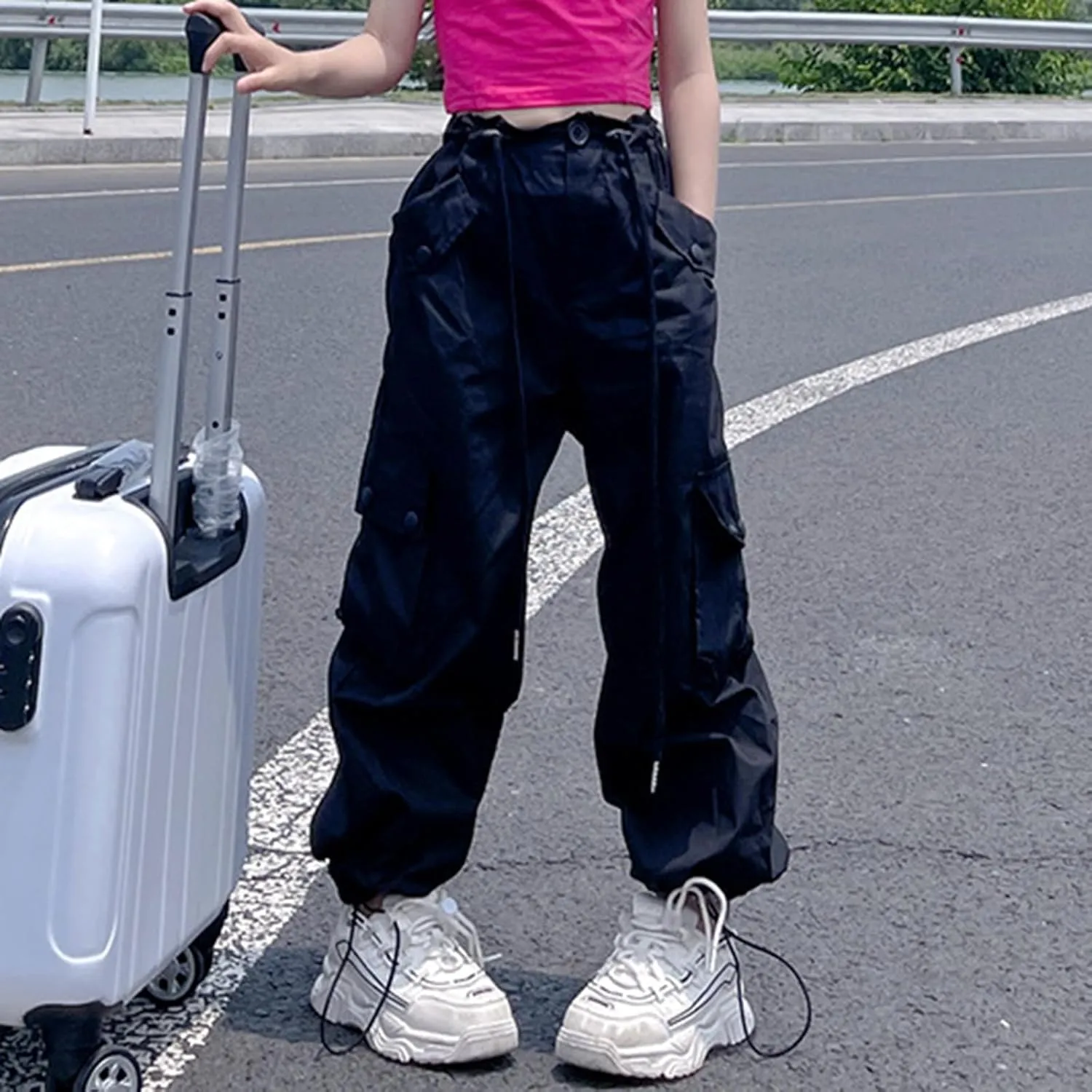 FZVYD Girls Casual Cargo Pants for Kids Drawstring Elastic Waist Jogger 2025 Summer Boys Parachute Pant Trousers 6-14 Years