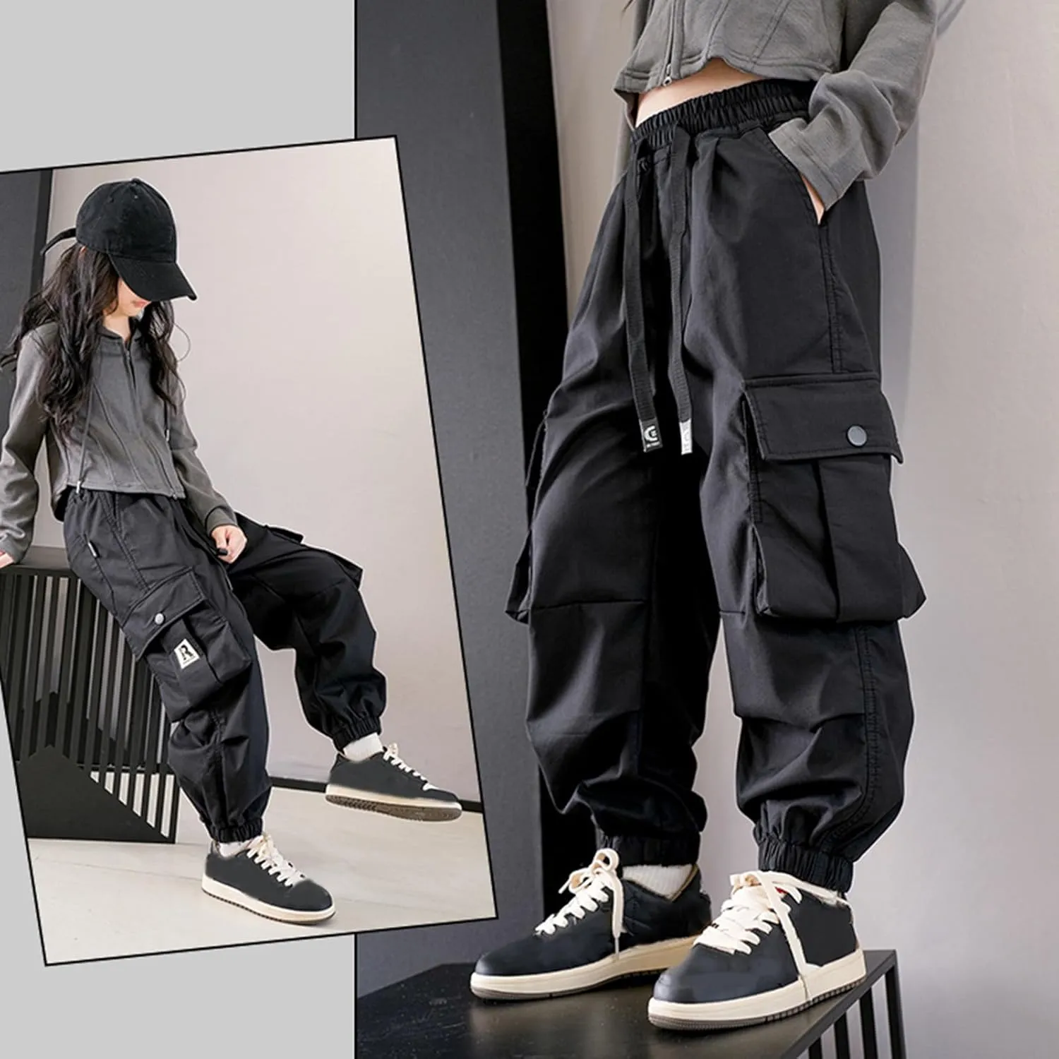FZVYD Girls Casual Cargo Pants for Kids Drawstring Elastic Waist Jogger 2025 Summer Boys Parachute Pant Trousers 6-14 Years