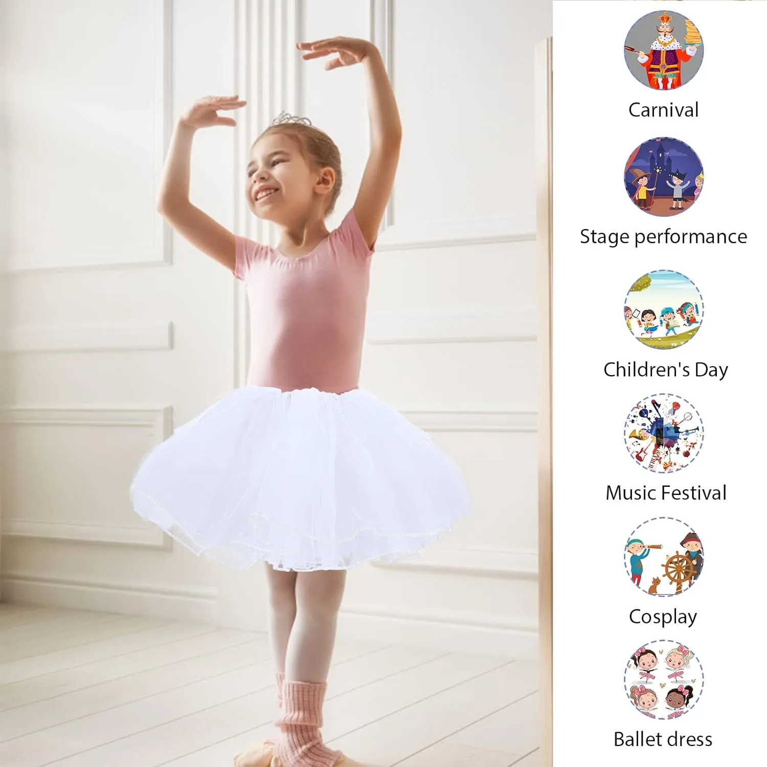 Girls Tutu Skirt，4 Layers Tulle Tutu Skirts Elastic Fluffy Ballet Dance Skirts for Toddler Kid Children Xmas Party