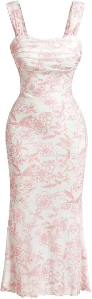 GORGLITTER Women's Floral Ruched Bodycon Midi Dress Mesh Sleeveless Cami Dresses Light Pink Medium