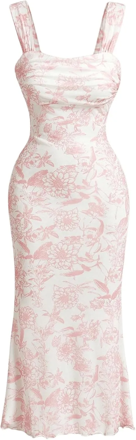 GORGLITTER Women's Floral Ruched Bodycon Midi Dress Mesh Sleeveless Cami Dresses Light Pink Medium