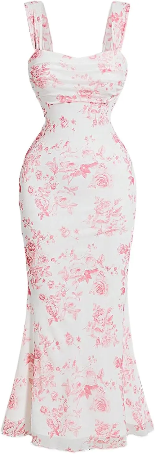 GORGLITTER Women's Floral Ruched Bodycon Summer Wedding Guest Dress Mesh Fishtail Cocktail Midi Sun Dresses 2025