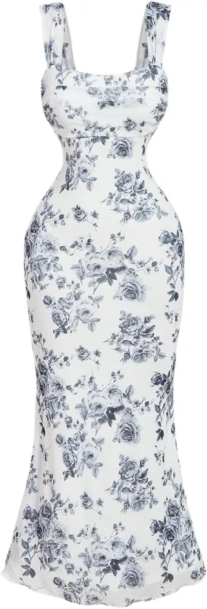 GORGLITTER Women's Floral Ruched Bodycon Summer Wedding Guest Dress Mesh Fishtail Cocktail Midi Sun Dresses 2025