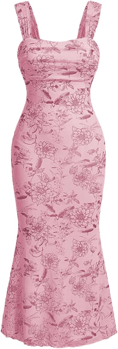 GORGLITTER Women's Floral Ruched Bodycon Summer Wedding Guest Dress Mesh Fishtail Cocktail Midi Sun Dresses 2025