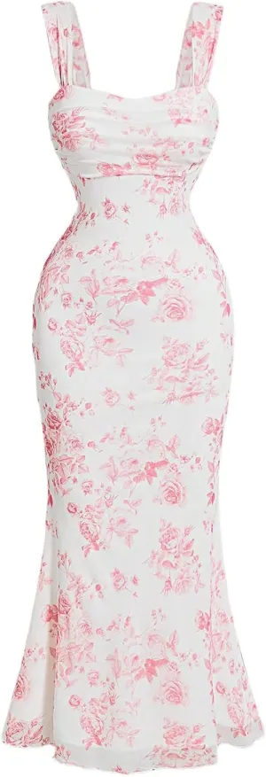 GORGLITTER Women's Floral Ruched Bodycon Summer Wedding Guest Dress Mesh Fishtail Cocktail Midi Sun Dresses 2025