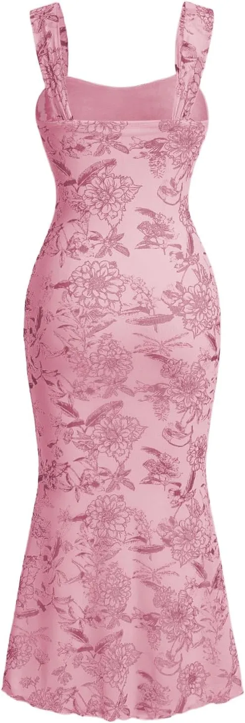 GORGLITTER Women's Floral Ruched Bodycon Summer Wedding Guest Dress Mesh Fishtail Cocktail Midi Sun Dresses 2025