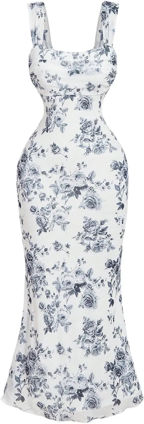 GORGLITTER Women's Floral Ruched Bodycon Summer Wedding Guest Dress Mesh Fishtail Cocktail Midi Sun Dresses 2025