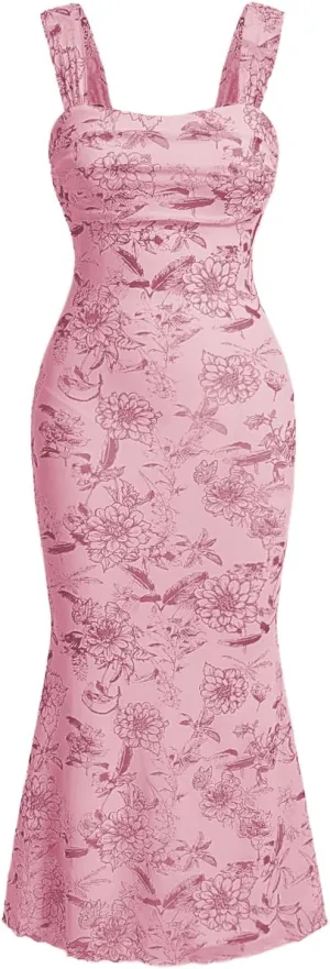 GORGLITTER Women's Floral Ruched Bodycon Summer Wedding Guest Dress Mesh Fishtail Cocktail Midi Sun Dresses 2025