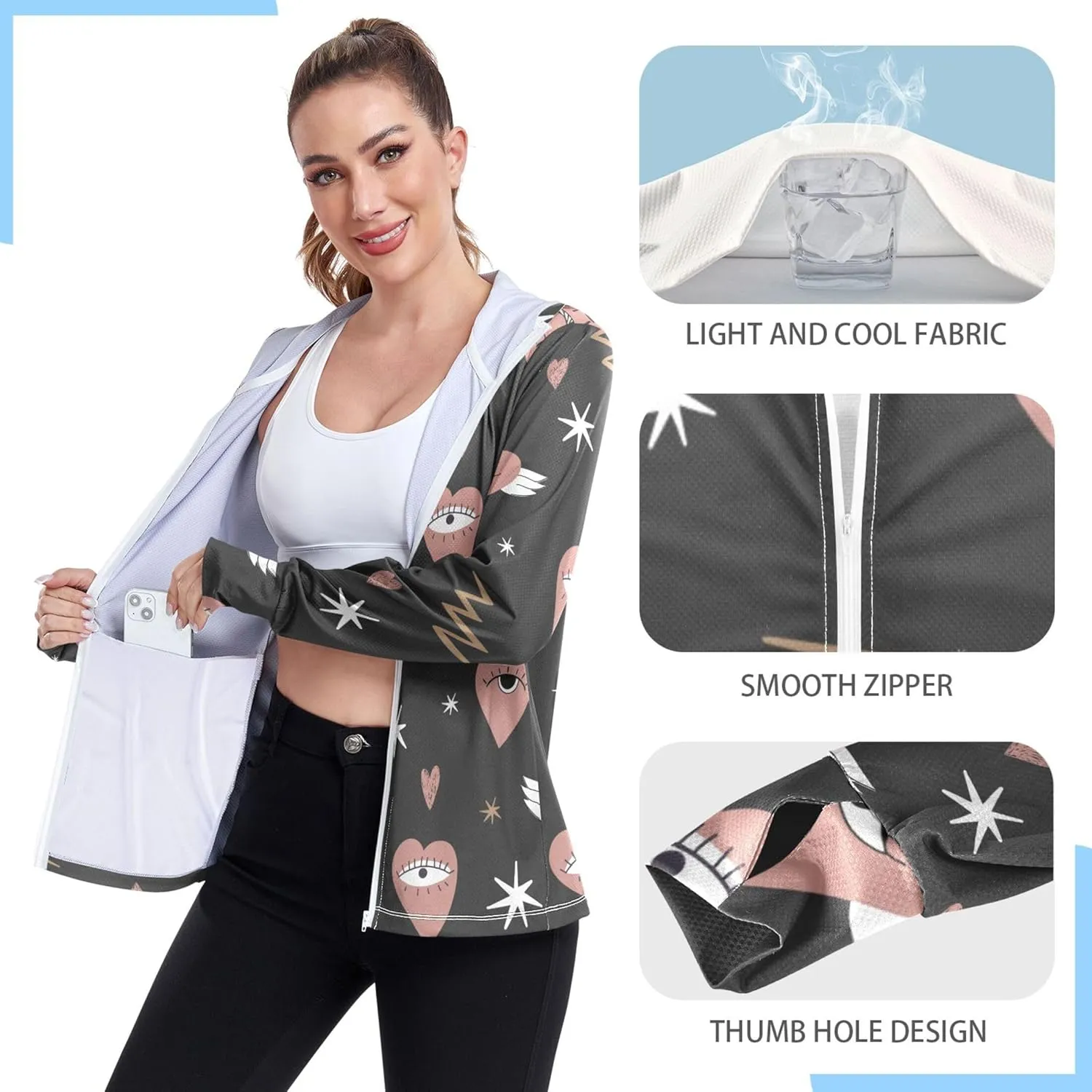 Gym Hoodie with Thumb Holes Fishing Shirts UPF 50  Protection Womens Sweatshirt Women Jacket