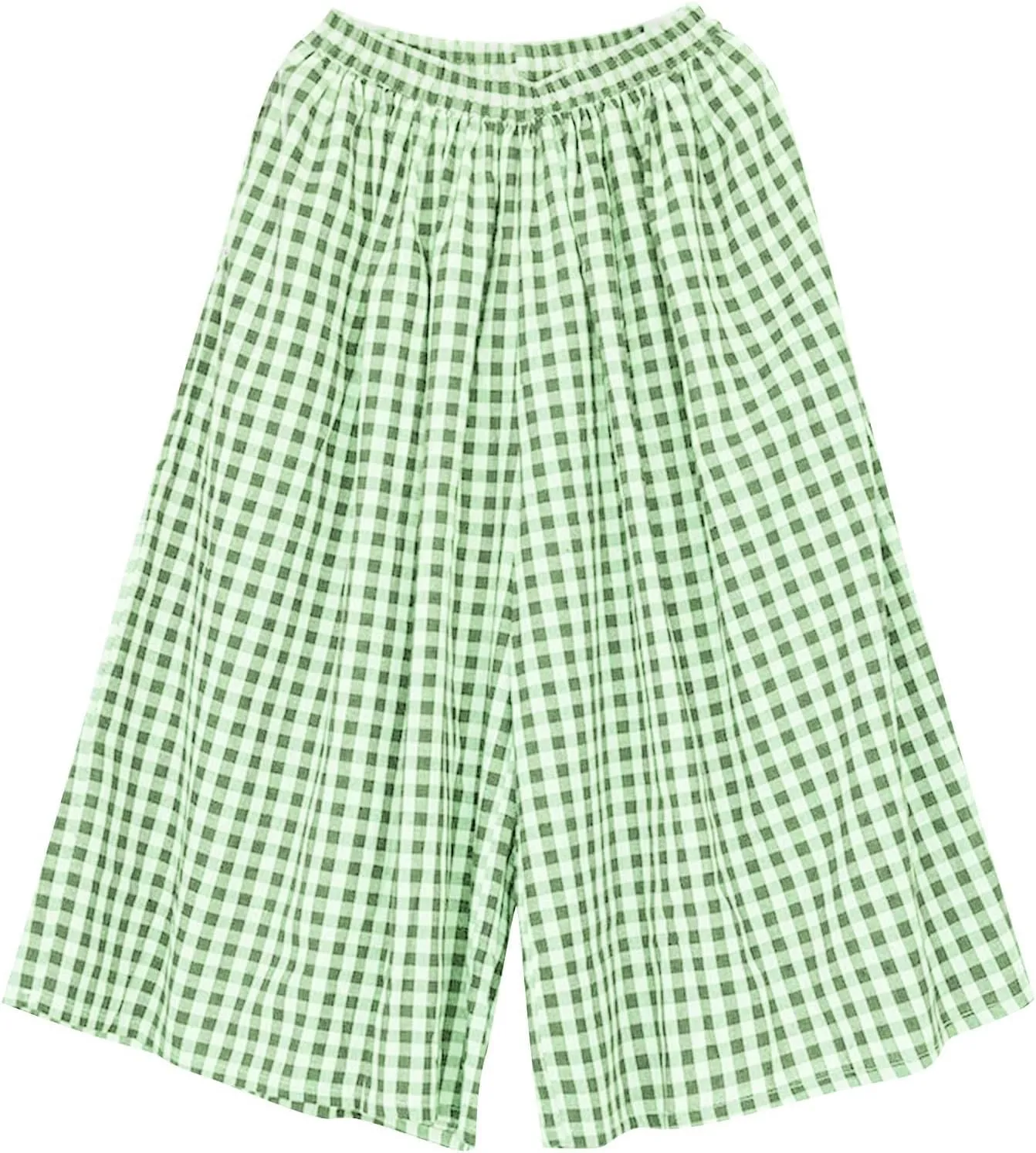 HGps8w Women's Flowy Wide Leg Gingham Pants Elastic Waist Casual Colorblock Baggy Lounge Capris with Pockets