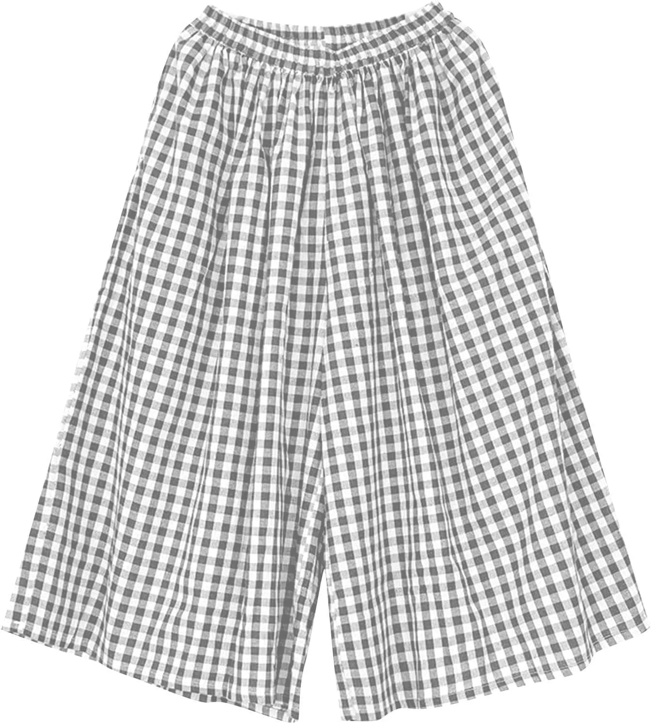 HGps8w Women's Flowy Wide Leg Gingham Pants Elastic Waist Casual Colorblock Baggy Lounge Capris with Pockets